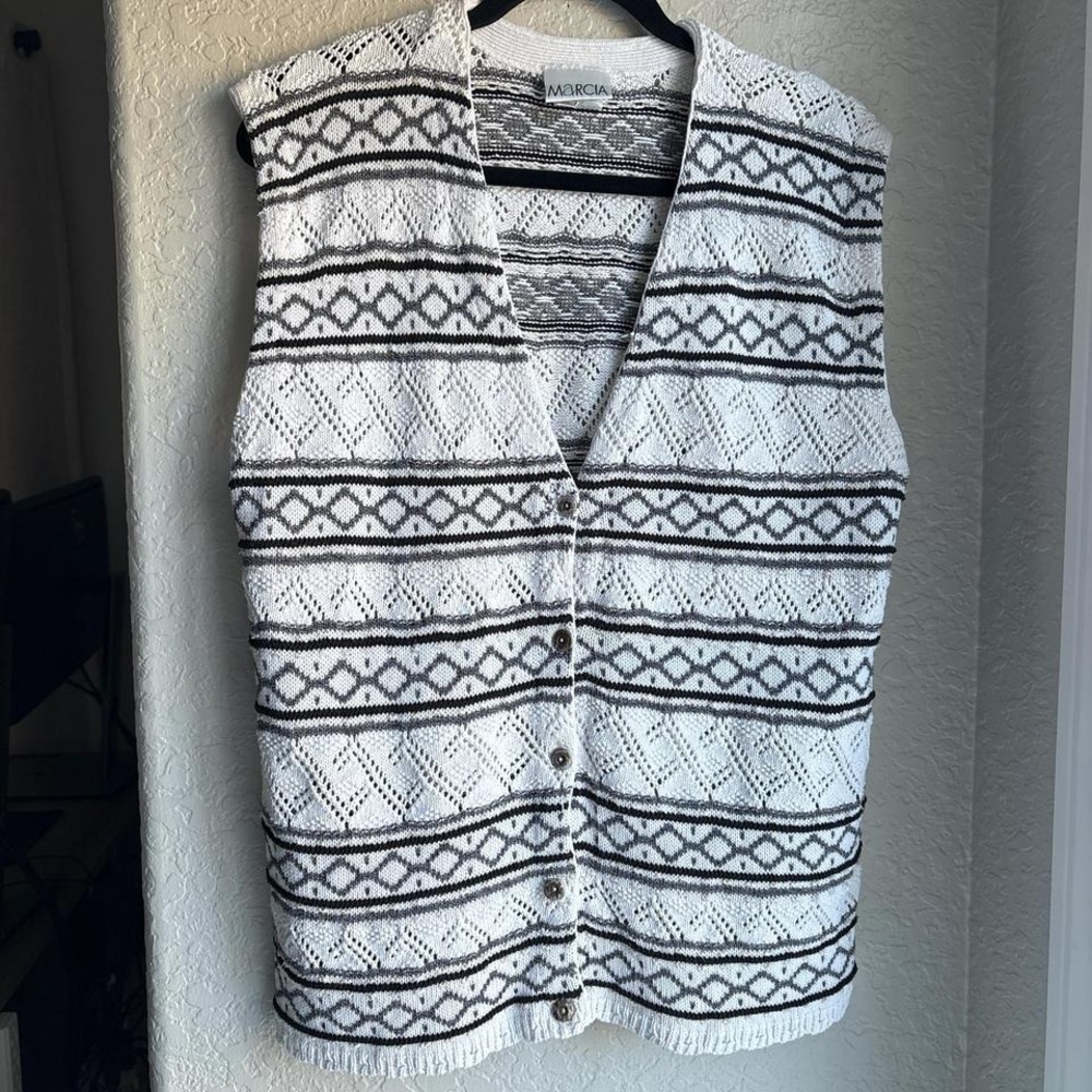 Vintage MaRCIA Womens Cotton Neutral Knit Striped V Neck Vest‎ Button Front | L